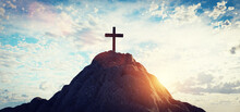 Cross On Mountain Peak At Sunset Christian Religion