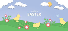 Easter Spring Holidays Banner, Cute Baby Chicken On Meadow, Pink Flowers And Chicks On Grass Papercut Illustration