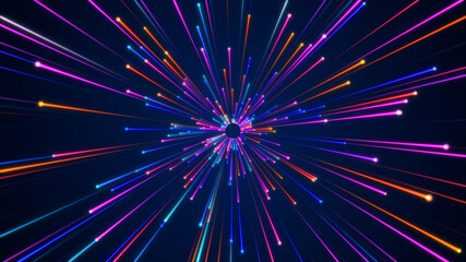 Wall Mural - Futuristic fast moving blue particle light ray, digital dynamic hyperspace technology motion background, galaxy speed warp tunnel