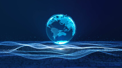 Wall Mural - digital cloud earth floating on neon data circle grid in cyberspace particle wave, abstract 3d rende