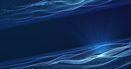 Wall Mural - dynamic circle grid particle wave flowing in blue cyberspace with volumetric spotlight, abstract bea