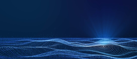 Wall Mural - dynamic circle grid particle wave flowing in blue cyberspace with volumetric spotlight, abstract bea