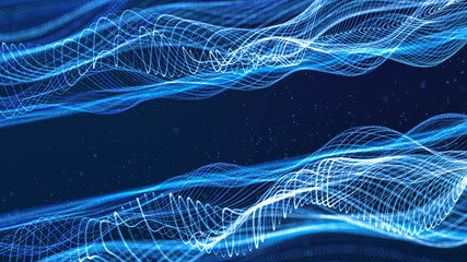 Wall Mural - dynamic circle grid particle wave flowing in blue cyberspace, abstract beautiful futuristic data tec