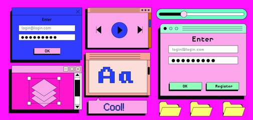 Set of retro user interface tabs and icons. Screen panels and dialog boxes of computer software.