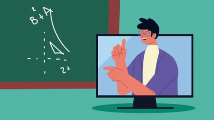 Poster - male teacher worker in desktop with chalkboard