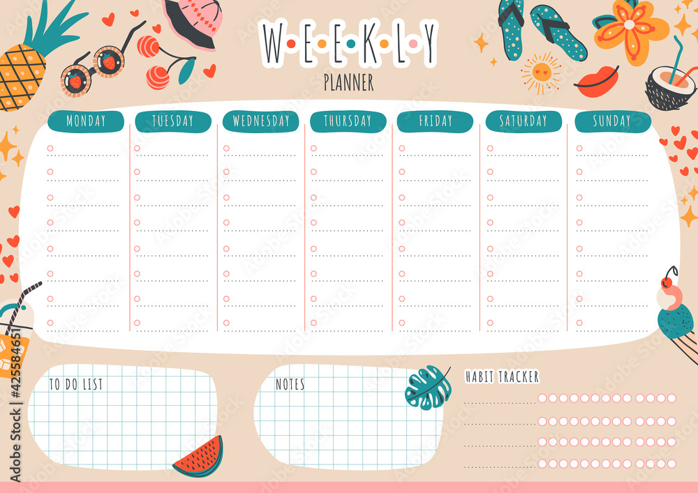 Cute vector weekly planner and to do list with summer objects:cocktail ...