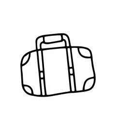 Vintage suitcase with stickers, markings and highlighted corners. Hand drawn outline doodle icon. Travel and Adventure Baggage. Vector sketch isolated on white background. Retro style travel suitcase.