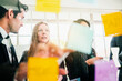 © artitwpd - Group of successful business teamwork. Brainstorm meeting with colorful sticky paper note on glass wall for new ideas. Using agile methodology and do business. Brainstorming in a tech start-up office.