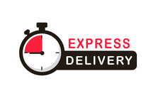 Express Delivery Service Logo. Timer And Express Delivery Inscription. Stopwatch Icon For Express Service. Delivery Concept For Apps And Website. Vector Illustration. Flat Design
