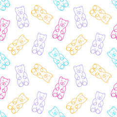 Seamless vector pattern with jelly gummy bears. Line objects. Colorful palette. Cute hand drawn background for kids room decor, nursery art, package, wrapping paper, textile, print, fabric, wallpaper.