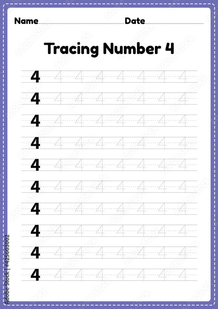 Tracing number 4 worksheet for kindergarten and preschool kids for ...