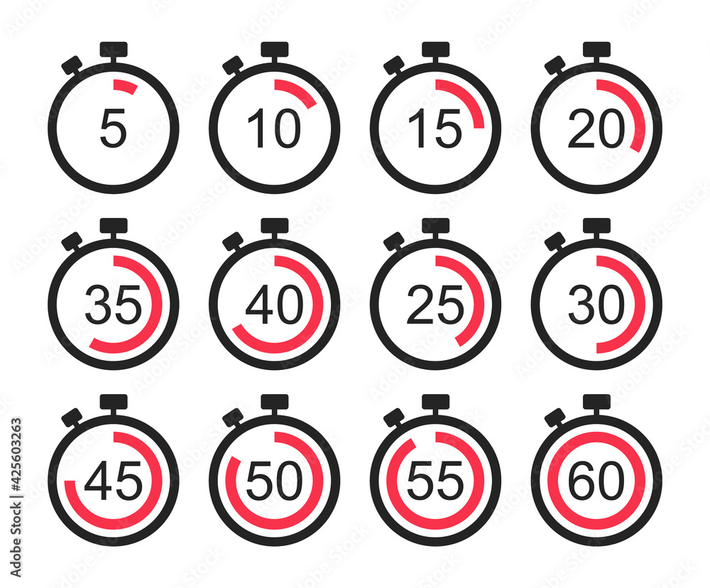 Timer icon set. Stopwatch with countdown minutes. Clock, time and ...