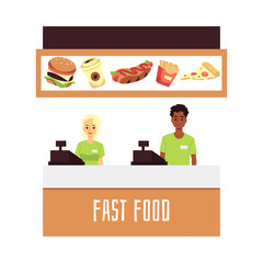 Wall Mural - Fast food restaurant or cafe workers stands behind counter a vector illustration