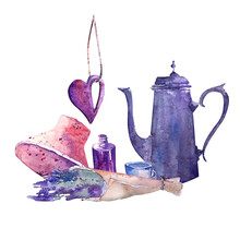 Sketch Of Still Life With Bottle, Hat, Coffee Pot, Cup, Lavender And Heart In Vintage Style. In Blue And Purple Tones, Hand-drawn In Watercolor, A Light Sketch For A Postcard, Magnet, Souvenir
