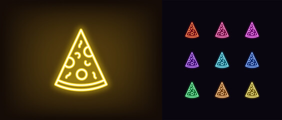 Wall Mural - Neon pizza slice icon. Glowing neon pizza sign, outline silhouette