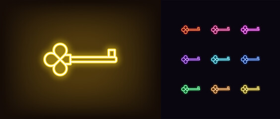 Wall Mural - Neon key icon. Glowing neon key sign, outline magic clue, silhouette