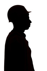 Wall Mural - silhouette profile of builder in hard hat on white background, male profession concept