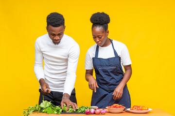 male and female chef preparing a meal together