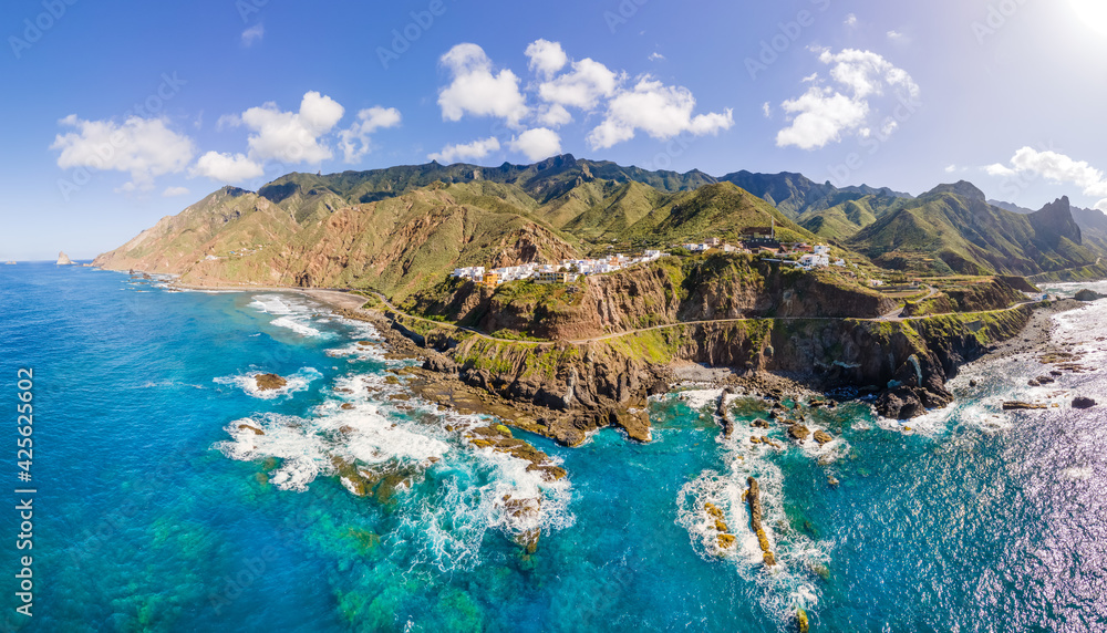 Aerial Western coast view, with mountain Anaga and costal village Almaciga in Tenerife, Canary Islands, Spain - obrazy, fototapety, plakaty 