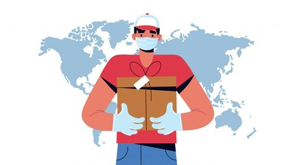 Wall Mural - delivery service safe worker with world maps character