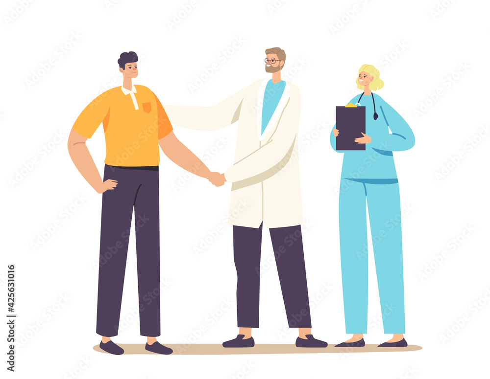 Patient Character Gratitude Doctor with Shaking Hand for Treatment, Consultation or Medical Aid. Medicine, Health Care - obrazy, fototapety, plakaty 