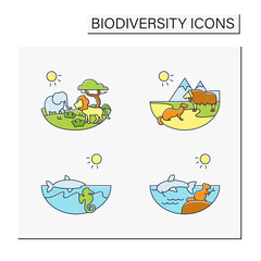 Wall Mural - Biodiversity color icons set. Consists of desert, savana, tundra, freshwater, marine ecosystems. Biodiversity concept. Isolated vector illustrations