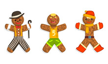Gingerbread Man Characters Set, Traditional Sweet Xmas Ginger Biscuits Dressed Basketball Player, Santa, Charlie Chaplin Costumes Cartoon Vector Illustration