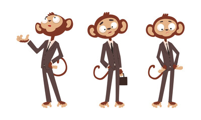 Sticker - Monkey Businessman Humanized Character Dressed Business Suit Standing and Gesturing Set Cartoon Vector Illustration