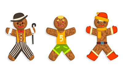 Wall Mural - Gingerbread Man Characters Set, Traditional Sweet Xmas Ginger Biscuits Dressed Basketball Player, Santa, Charlie Chaplin Costumes Cartoon Vector Illustration