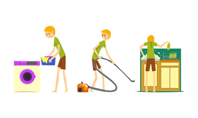 Wall Mural - Man Doing Housework Set, Funny Male Character Vacuuming, Washing Dishes, Doing Laundry Cartoon Vector Illustration