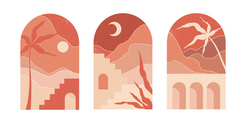 Wall Mural - set of mid century aesthetic abstract boho prints with mountain landscapes in arches. boho wall deco