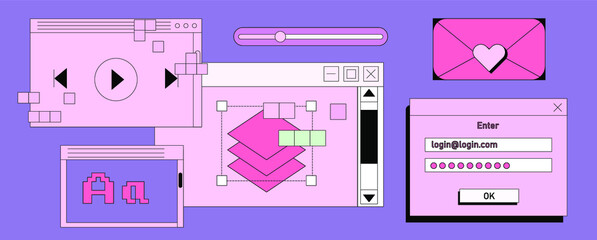Set of flat retrowave UI and UX elements: dialog box, tab, button, modal window.