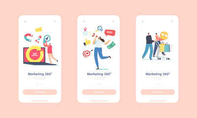 360 Degree Marketing Mobile App Page Onboard Screen Template. Tiny Characters at Huge Laptop with Turning Arrow