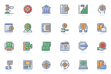 Poster - Online banking web flat line icon. Bundle outline pictogram of online paying, loan, investment, transaction, money transfer, savings concept. Vector illustration of icons pack for website design