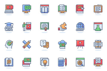 Poster - Online education web flat line icon. Bundle outline pictogram of online tutorials, training courses, reading e-books, distant learning concept. Vector illustration of icons pack for website design