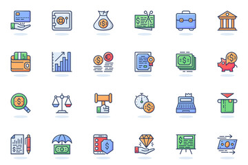 Leinwandbilder - Business finance web flat line icon. Bundle outline pictogram of money, accounting, management, bank payment, profit, company strategy concept. Vector illustration of icons pack for website design