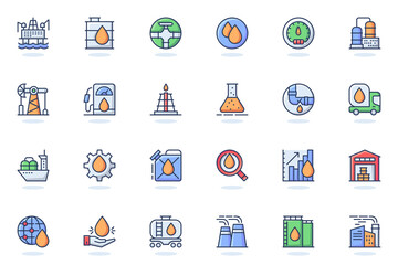 Leinwandbilder - Industry web flat line icon. Bundle outline pictogram of Gas and petrol, global energy, fuel transportation, station, mining, production concept. Vector illustration of icons pack for website design