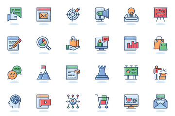 Fototapete - Digital marketing web flat line icon. Bundle outline pictogram of target, newsletter, attracting new customers, data analytics, business concept. Vector illustration of icons pack for website design