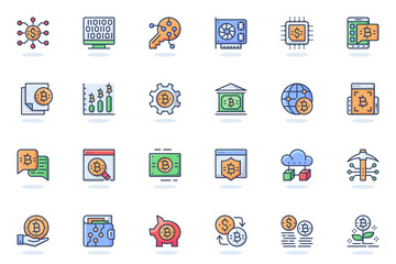 Leinwandbilder - Bitcoin mining web flat line icon. Bundle outline pictogram of coin, gold, digital money, video card, electronic key, blockchain tech concept. Vector illustration of icons pack for website design