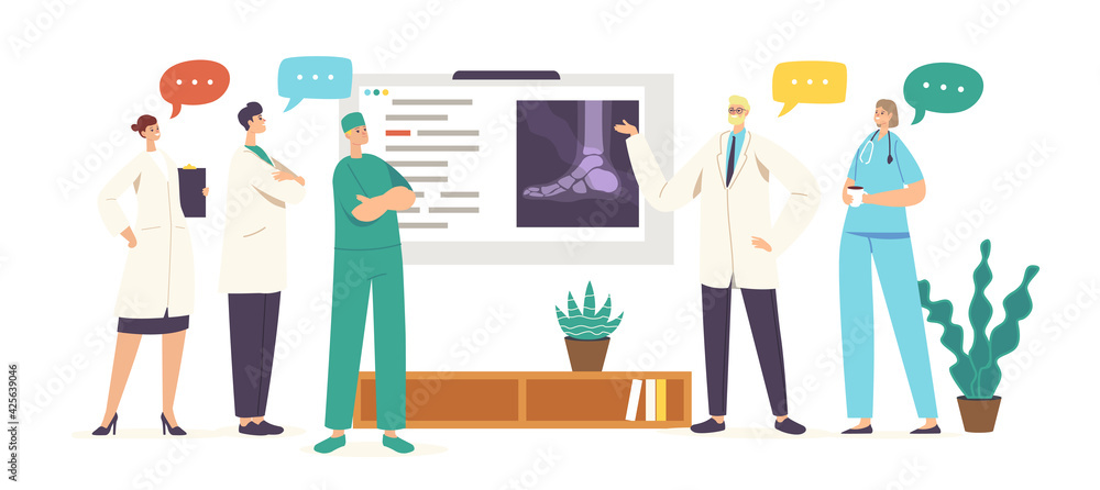 Doctors Meeting Concilium in Chamber with Patient Broken Leg X-Ray on Screen, Clinic Staff Characters Discussing Limbs - obrazy, fototapety, plakaty 