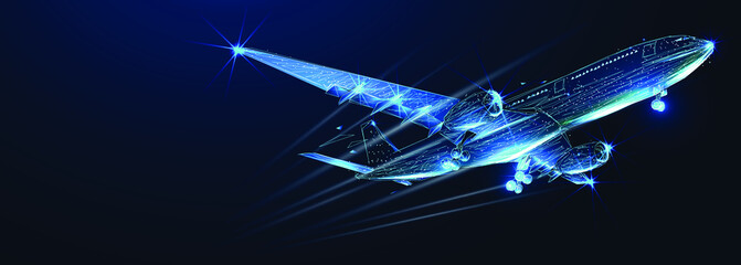 Digital 3d airplane. Abstract vector wireframe of airliner in the blue background. Travel, tourism, business, transportation concept. Low poly dark blue mesh with dots, lines and glowing stars