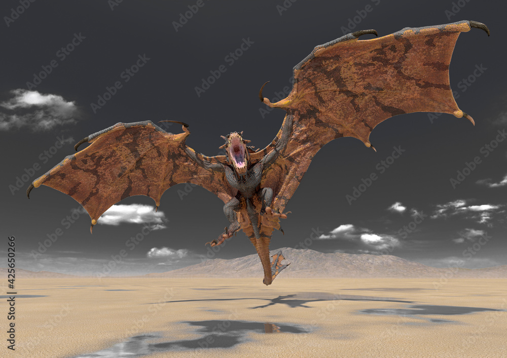 dragon is attacking on desert after rain - obrazy, fototapety, plakaty 
