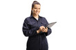 Female technician worker in a uniform holding a clipboard