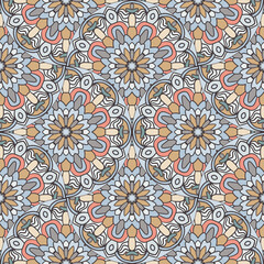  Abstract mandala fish scale seamless pattern. Ornamental tile, mosaic background. Floral patchwork infinity card. Arabic, Indian, ottoman motifs.