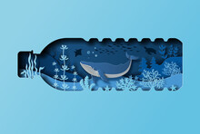 World Oceans Day Concept, The Blue Whale In A Bottle Of Water. Help To Protect Animals And The Environment, Paper Illustration, And 3d Paper.