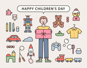 Wall Mural - boy holding a gift box and a toy icon set. flat design style minimal vector illustration.