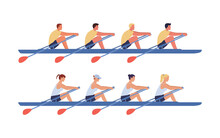 The Women's And Men's Rowing Teams Sail In Boats. Concept Of Competitions In Academic Rowing. Vector Illustration In Flat Design.