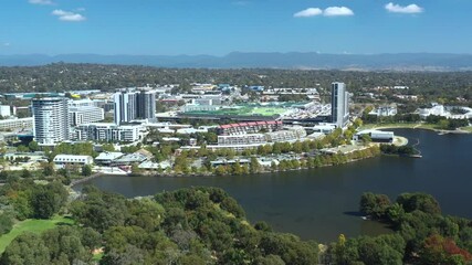 Wall Mural - Aerial view of Belconnen Town Centre and Lake Ginninderra on a sunny day in Canberra, Australia 