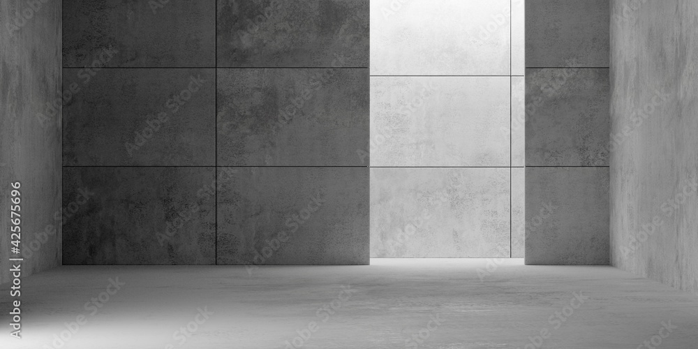 Abstract empty, modern concrete room with opening at the back, plated back wall and rough floor - industrial interior background template - obrazy, fototapety, plakaty 