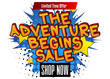 © noravector - The Adventure Begins Sale Comic book style advertisement text. School, educational related sale poster. Words, quote on colorful background. Banner, template. Cartoon vector illustration.